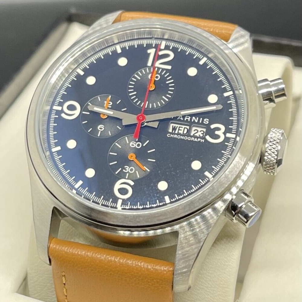 Parnis Solid Steel Case Black Dial Chronograph Brown Leather Quartz 42mm Watch
